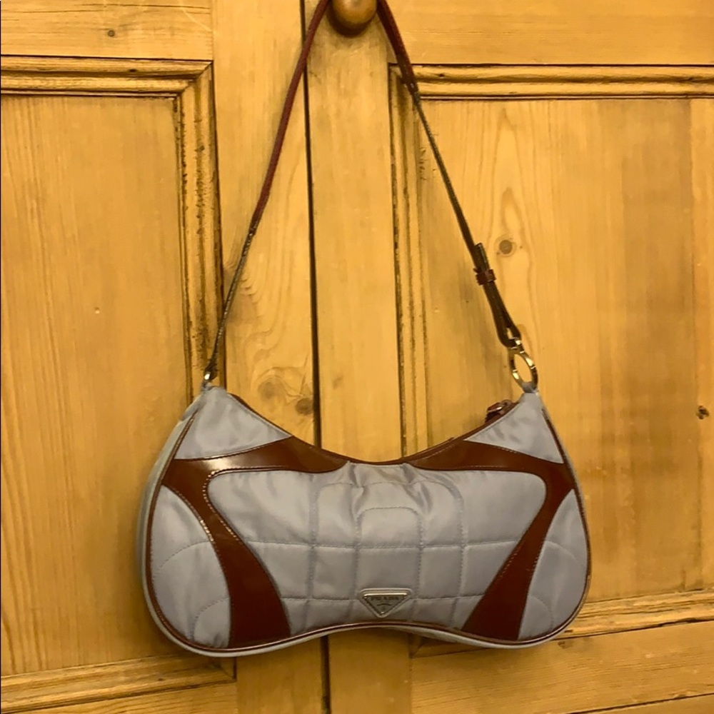 Prada cute blue nylon/wine paten leather handbag